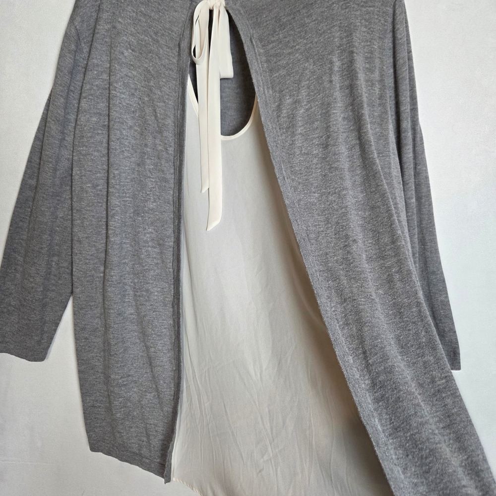 LOFT Layered Knit Sweater Top Women XL Gray Split Sheer Back Bow Silk Blend - Picture 4 of 7